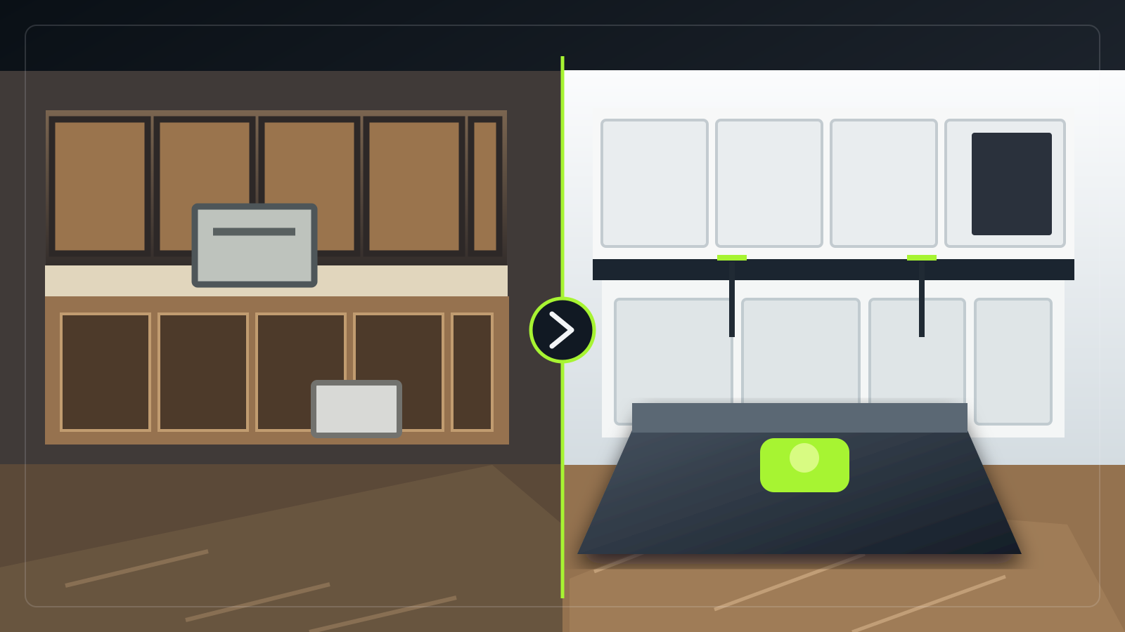 Illustrative before and after AI concept for a kitchen renovation
