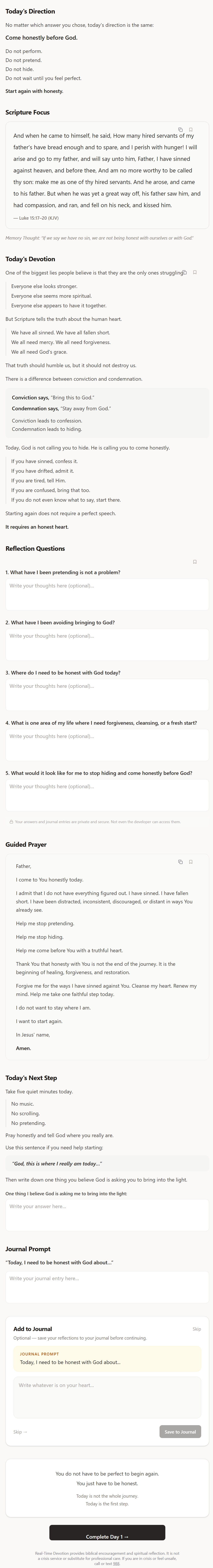 Full devotion page with scripture, reflection, prayer and journal