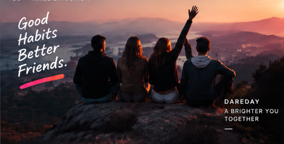 Four friends overlooking a city at sunset, representing DareDay challenges that build better habits together.
