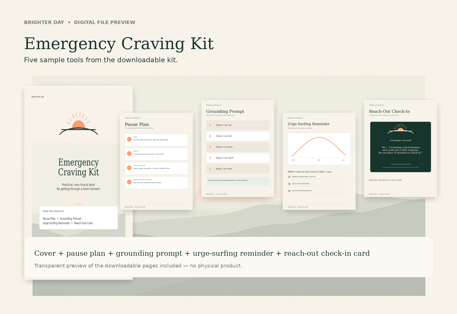 Five sample pages from the Emergency Craving Kit, including the cover, pause plan, grounding prompt, urge-surfing reminder, and reach-out check-in card