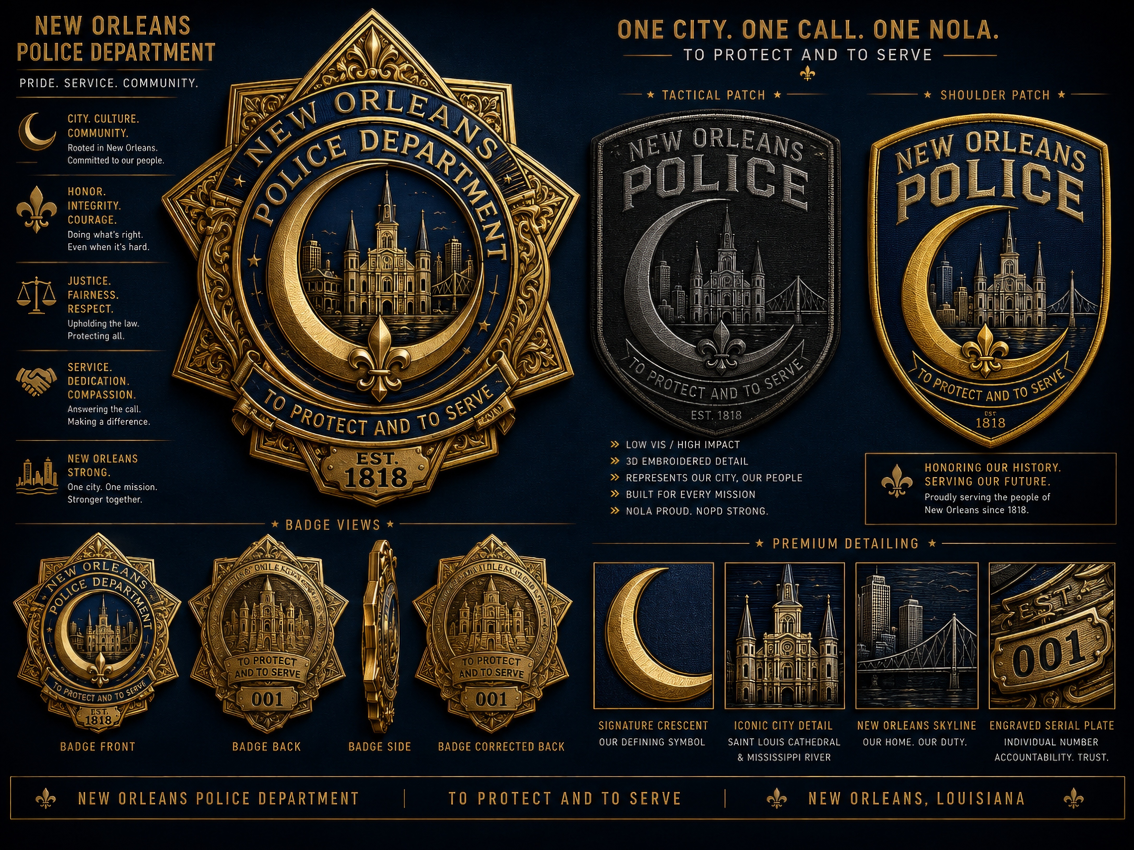 Unaffiliated original civic badge concept board showing a badge and patch system.