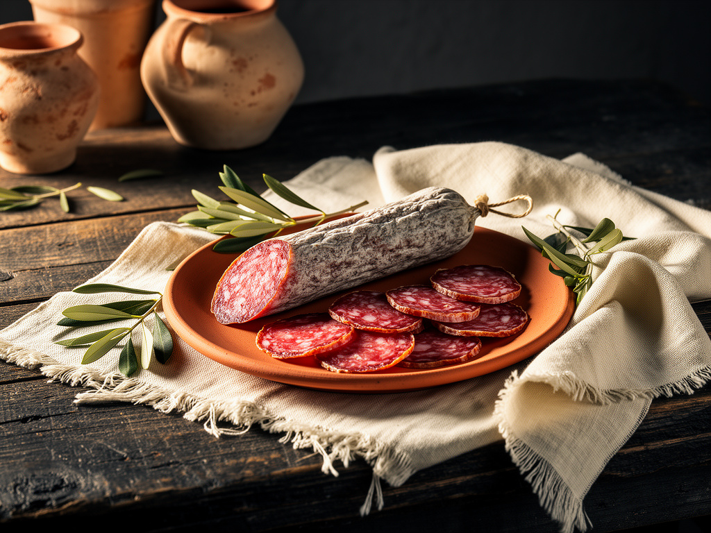 Editorial still life of cured salami and terracotta for Mediterranean pantry inspiration