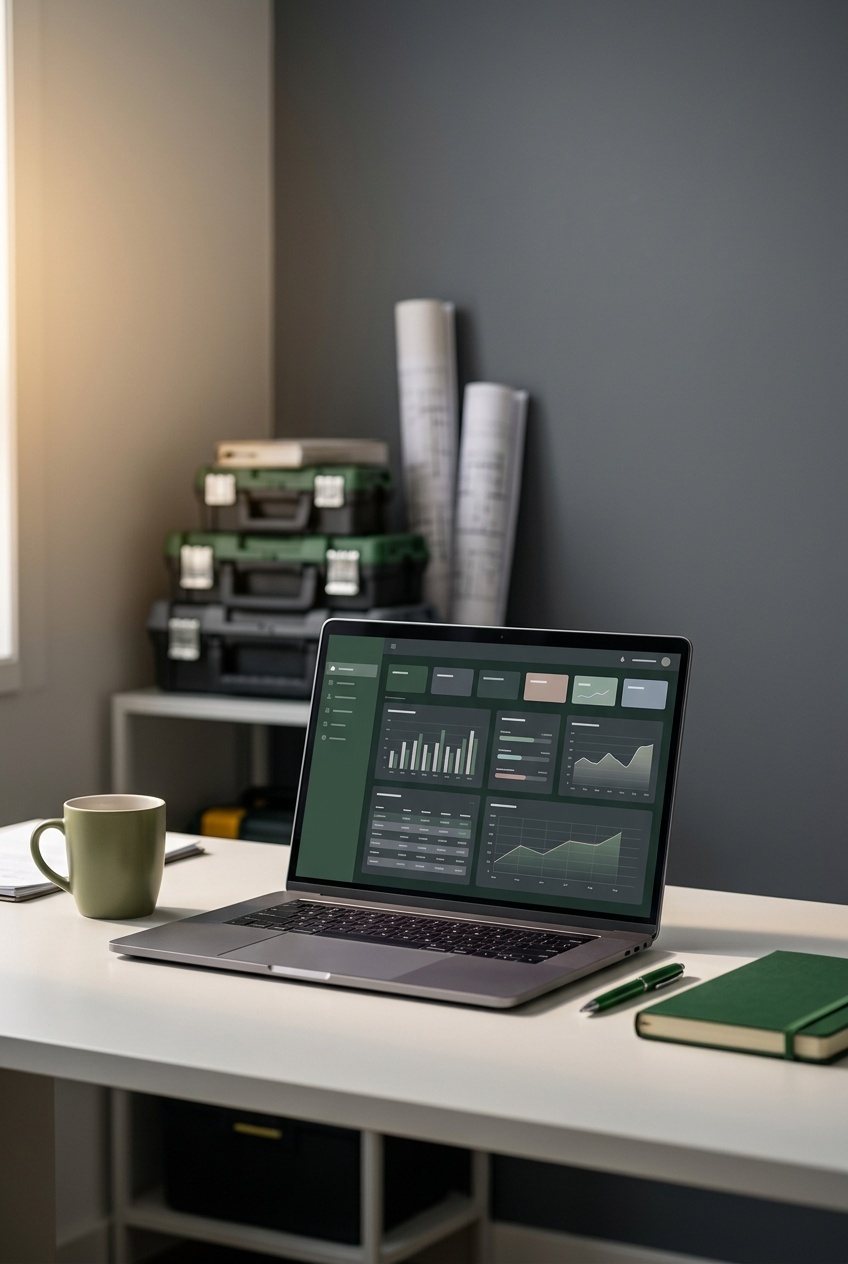 Laptop workspace with a business dashboard