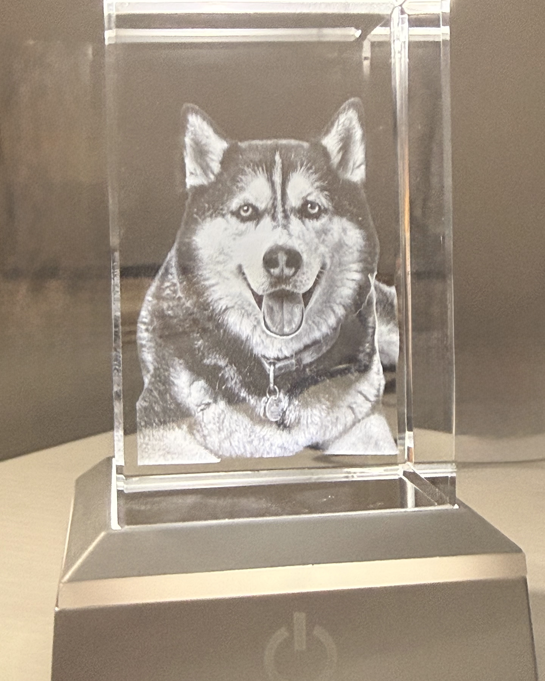 Finished pet portrait engraving inside a rectangular crystal displayed on an illuminated base