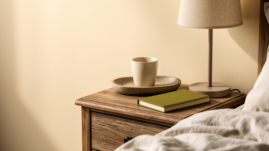 Conceptual styling image of a quiet bedside table in warm natural light