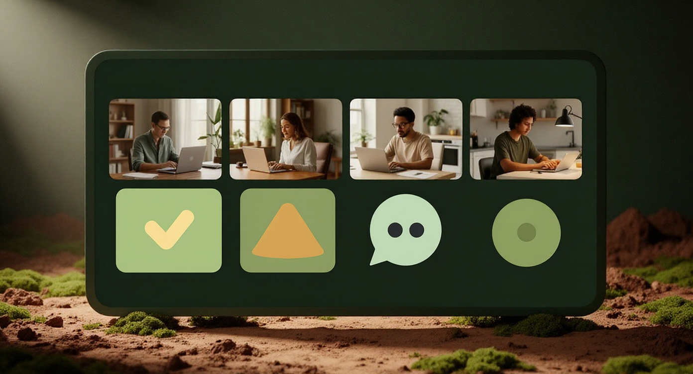 A warm visual concept of a small themed co-working pod with people working alongside focus, check-in, and conversation cues.
