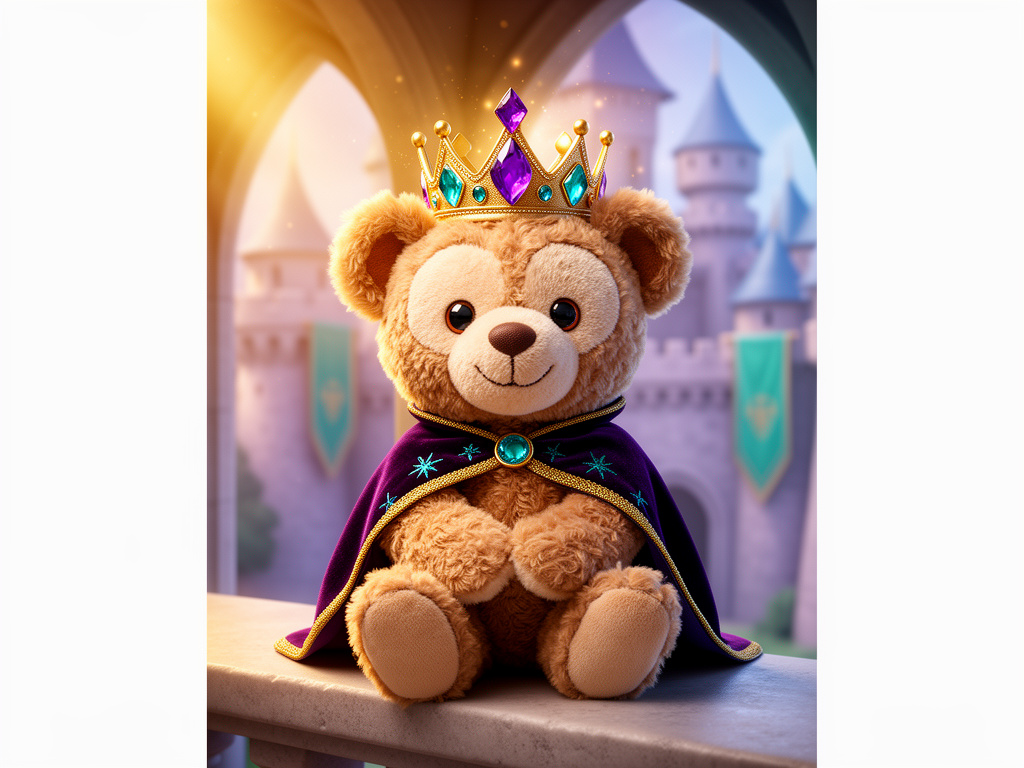 A beloved teddy bear dressed in royal finery for a storybook portrait