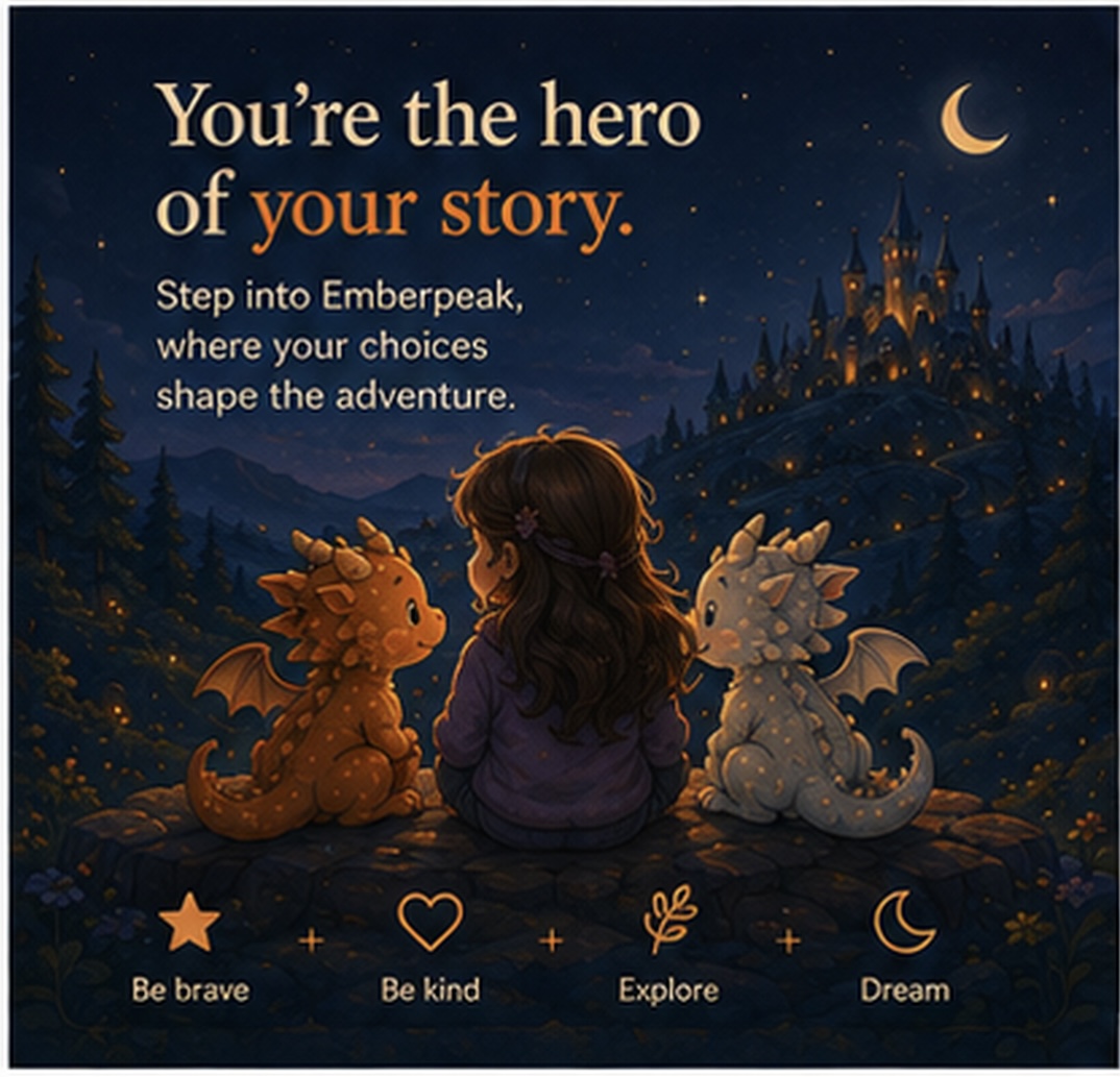 Illustrated Emberpeak scene with Cinder, Puff, and a young adventurer looking toward a glowing mountain at night