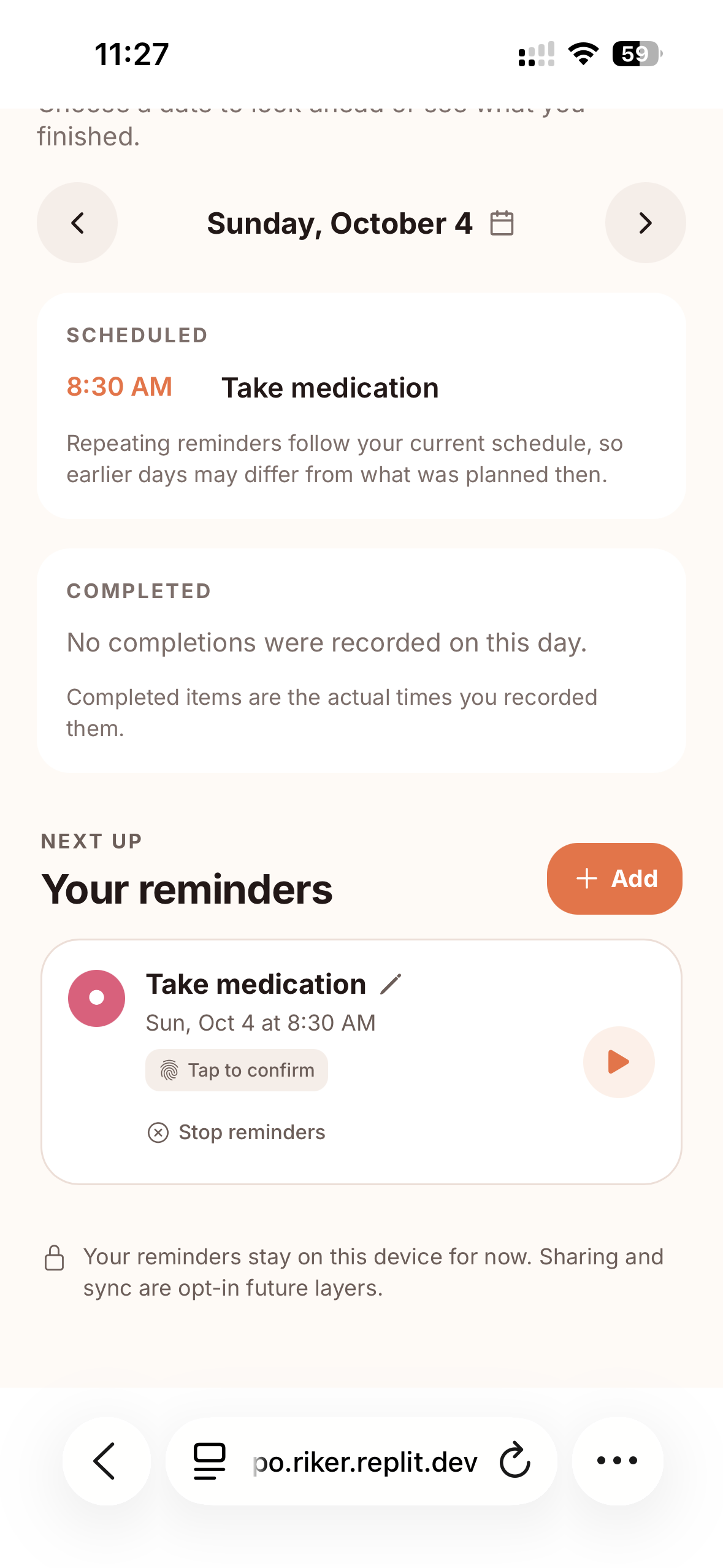 Tug app reminder schedule with repeating reminders and on-device storage note