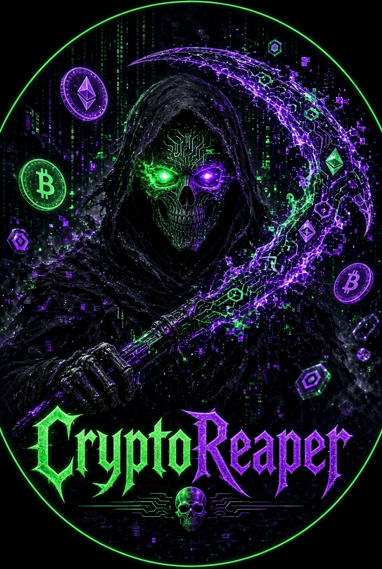 The Crypto Reaper: a hooded skull wielding a neon green and violet scythe amid floating cryptocurrency symbols