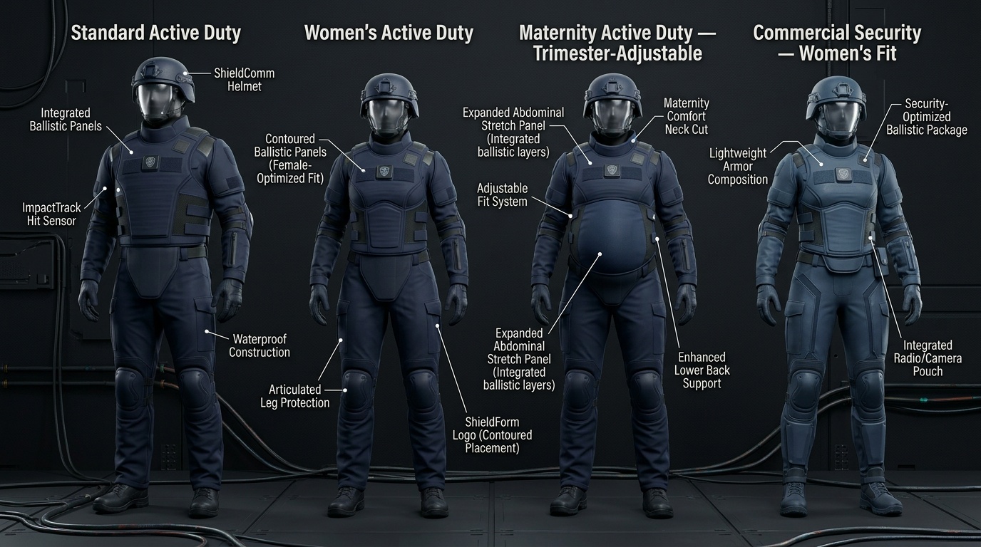 Maternity variant comparison showing Standard Male, Women's, Maternity, and Commercial Security Women's ShieldForm suits side by side
