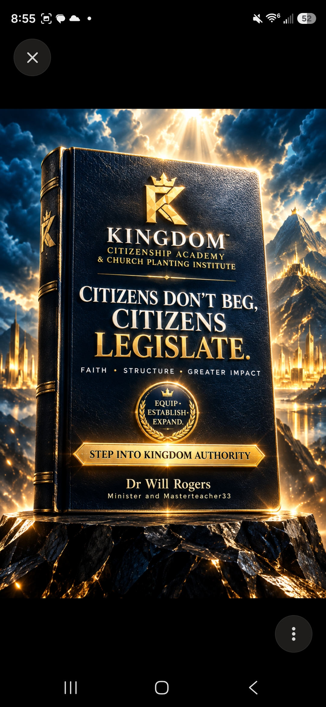 Kingdom Citizenship Academy artwork reading Citizens Don't Beg, Citizens Legislate.