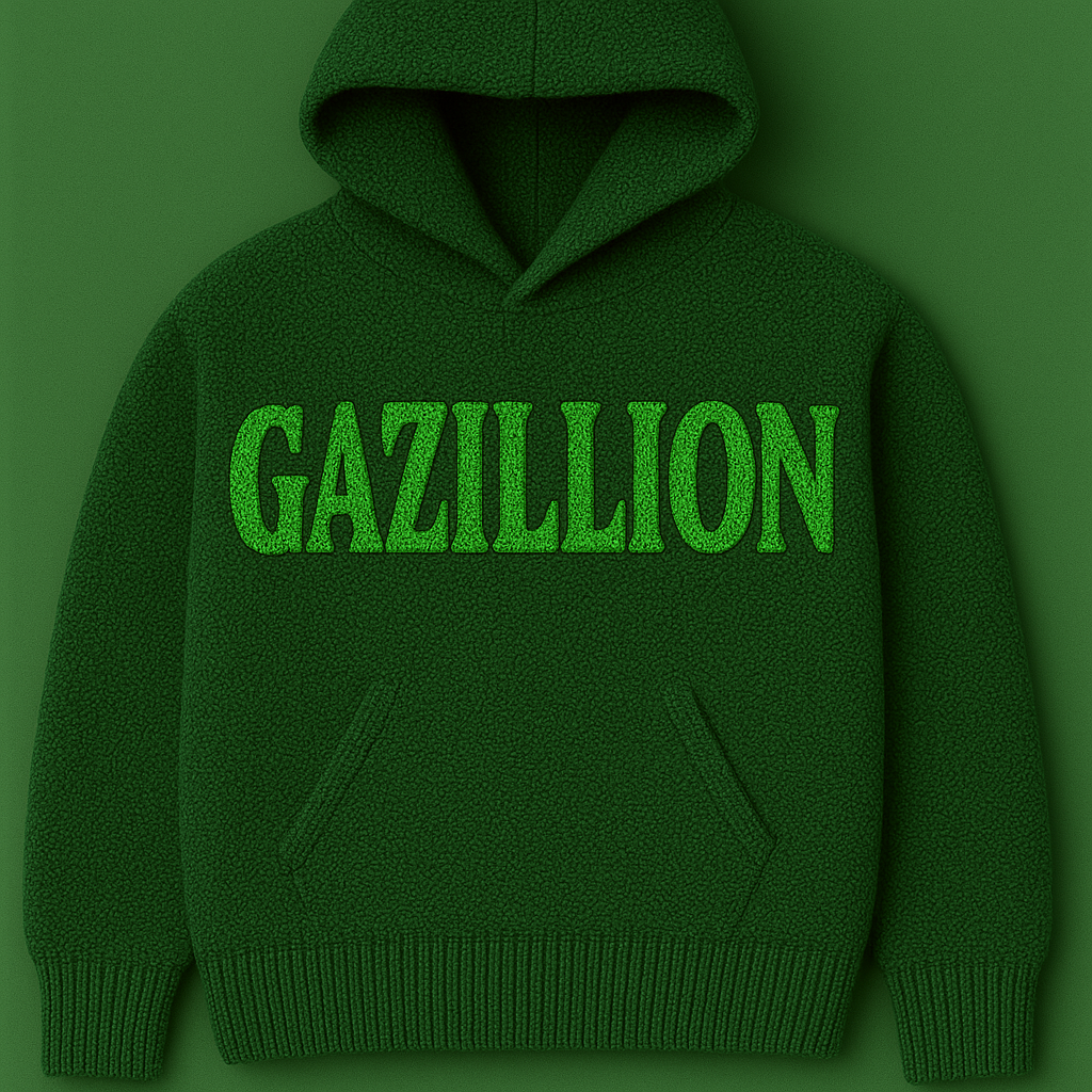 Front presentation of the green Gazillion wearable work with hand-knit lettering.
