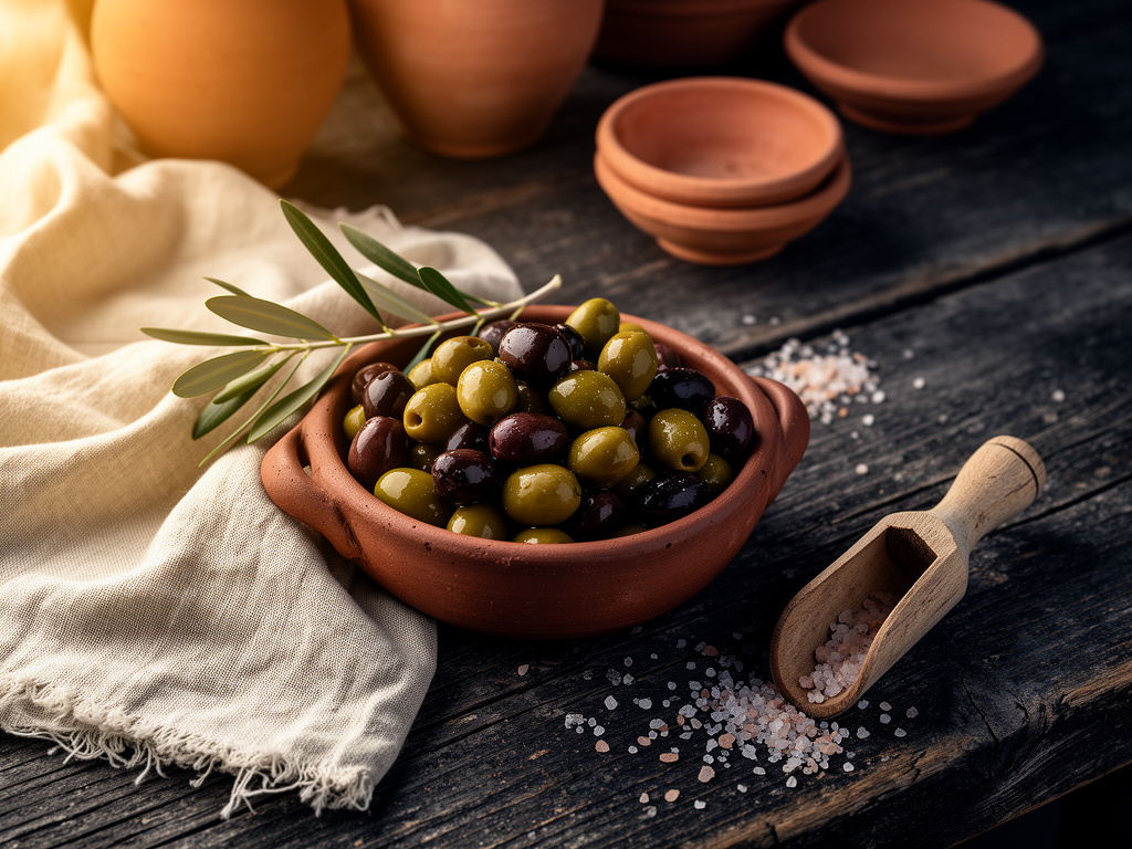 Editorial still life of olives in a terracotta bowl for Mediterranean pantry inspiration
