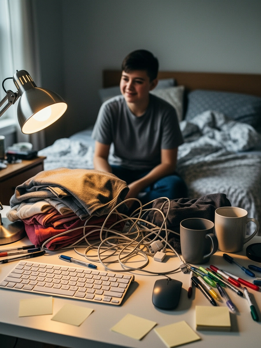 A cluttered desk with tangled charging cables, mugs, markers, folded clothes, and a desk lamp
