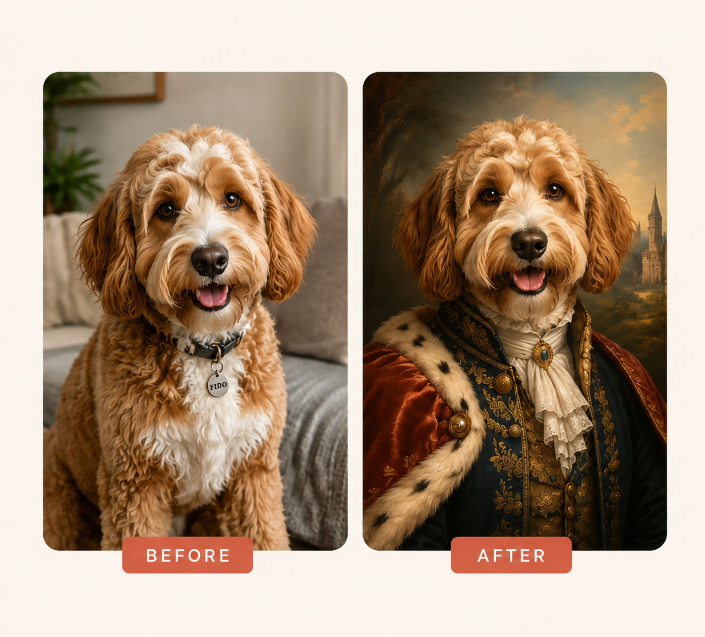 Before and after PrimaTails pet portrait transformation