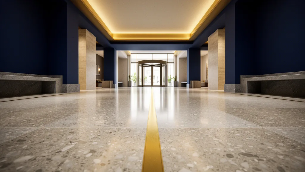 Unbranded hotel or resort lobby with a polished floor and warm lighting.