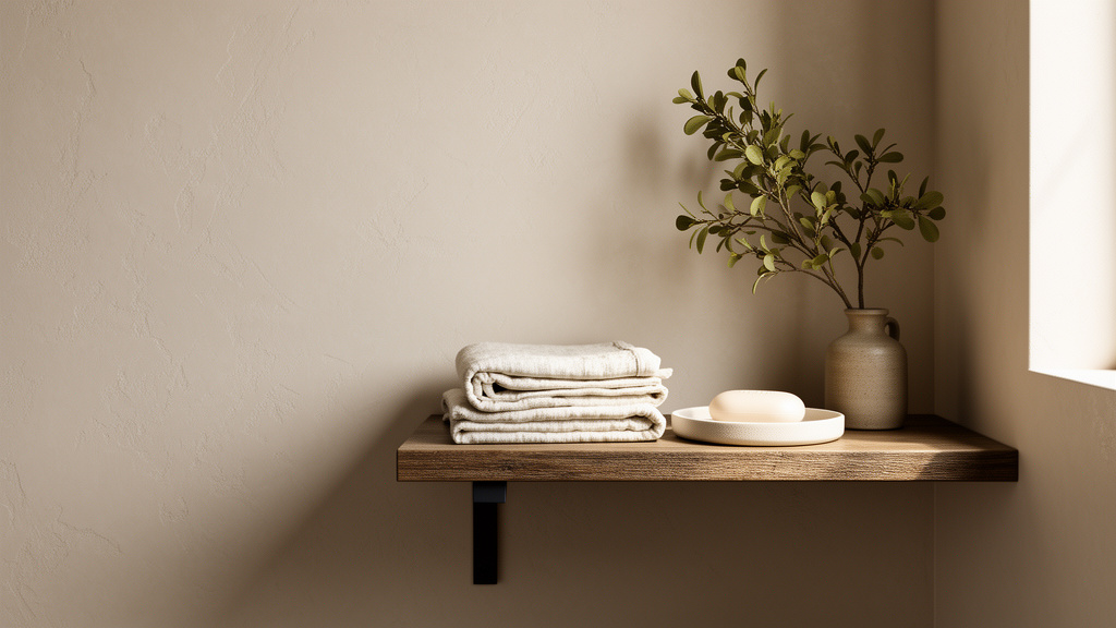 Conceptual styling image of a softly lit shelf arranged for a guest bathroom