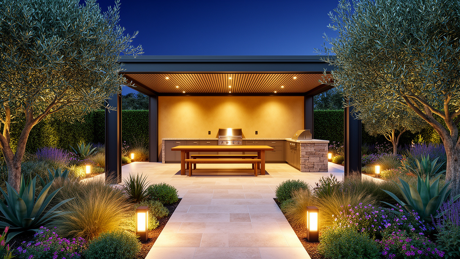Covered outdoor dining and kitchen pavilion at dusk