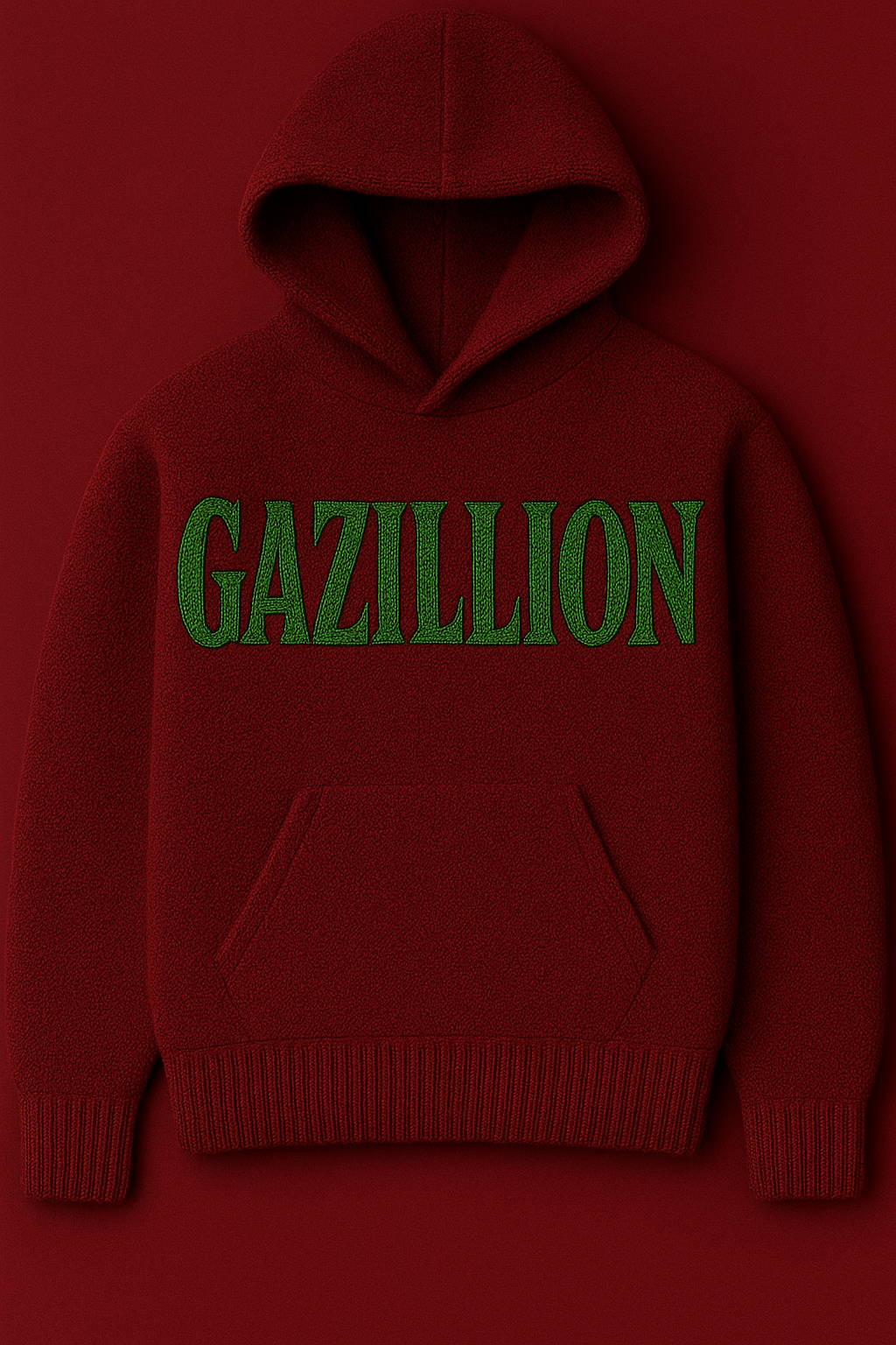 Front presentation of the oxblood Gazillion wearable work with hand-knit lettering.