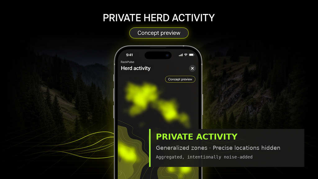 RackPulse concept preview showing planned private herd activity patterns without precise location details