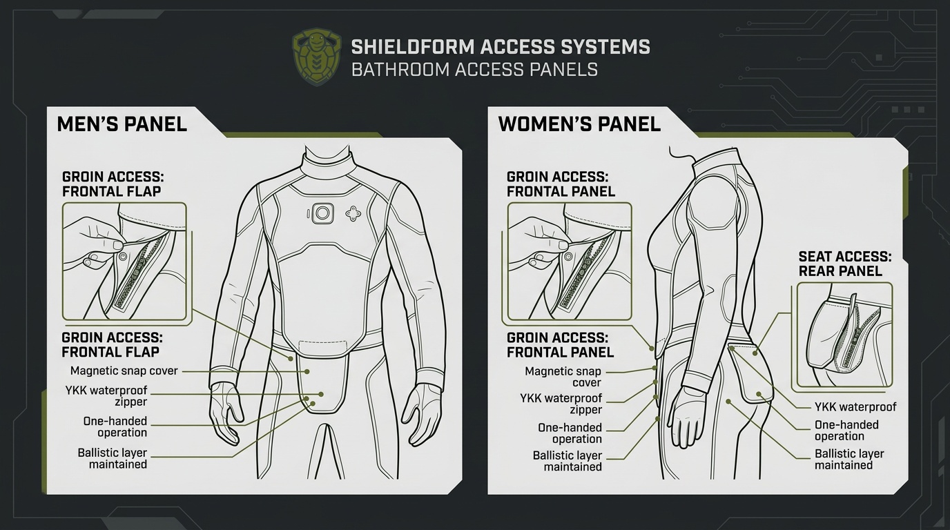 Diagram showing integrated bathroom access panel system built into the civilian protection suit