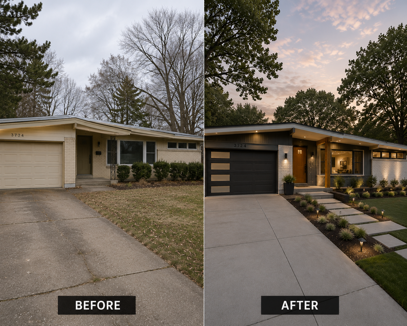 Before-and-after exterior transformation of a single-story brick ranch with a charcoal facade, warm wood entry, black garage door, and new front landscaping