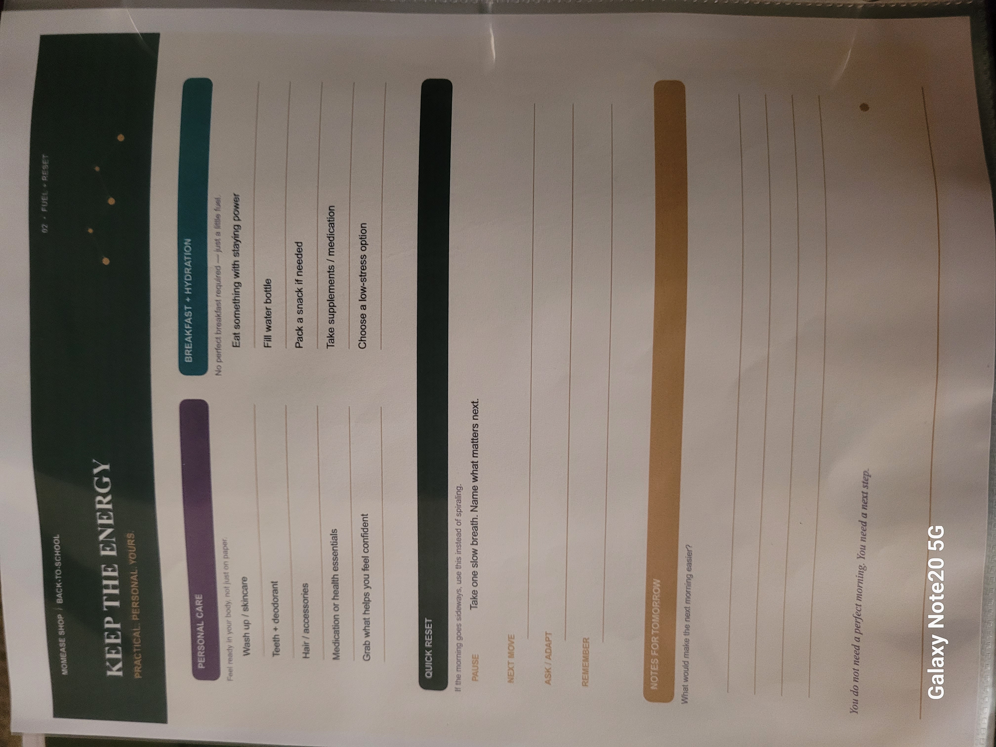 Printed teen morning routine chart with personal care, breakfast, quick reset, and notes sections