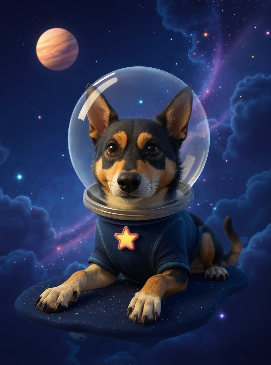 A black-and-tan dog in a navy spacesuit and bubble helmet, posed among colorful planets