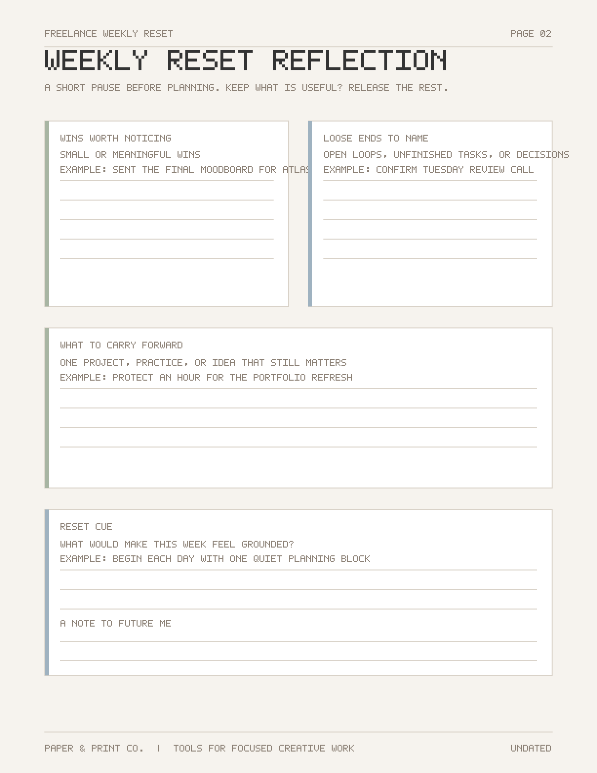 Freelance weekly reset planner overview page