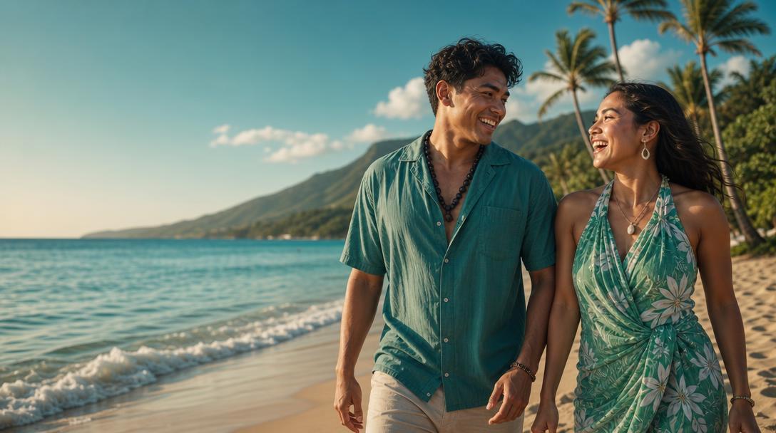 A joyful couple walking along a tropical beach