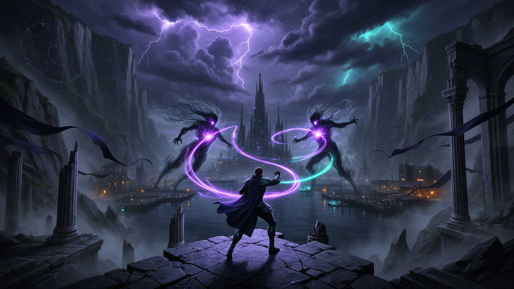 An adventurer channels violet and cyan magic against spectral tide wraiths above Astral Harbor.