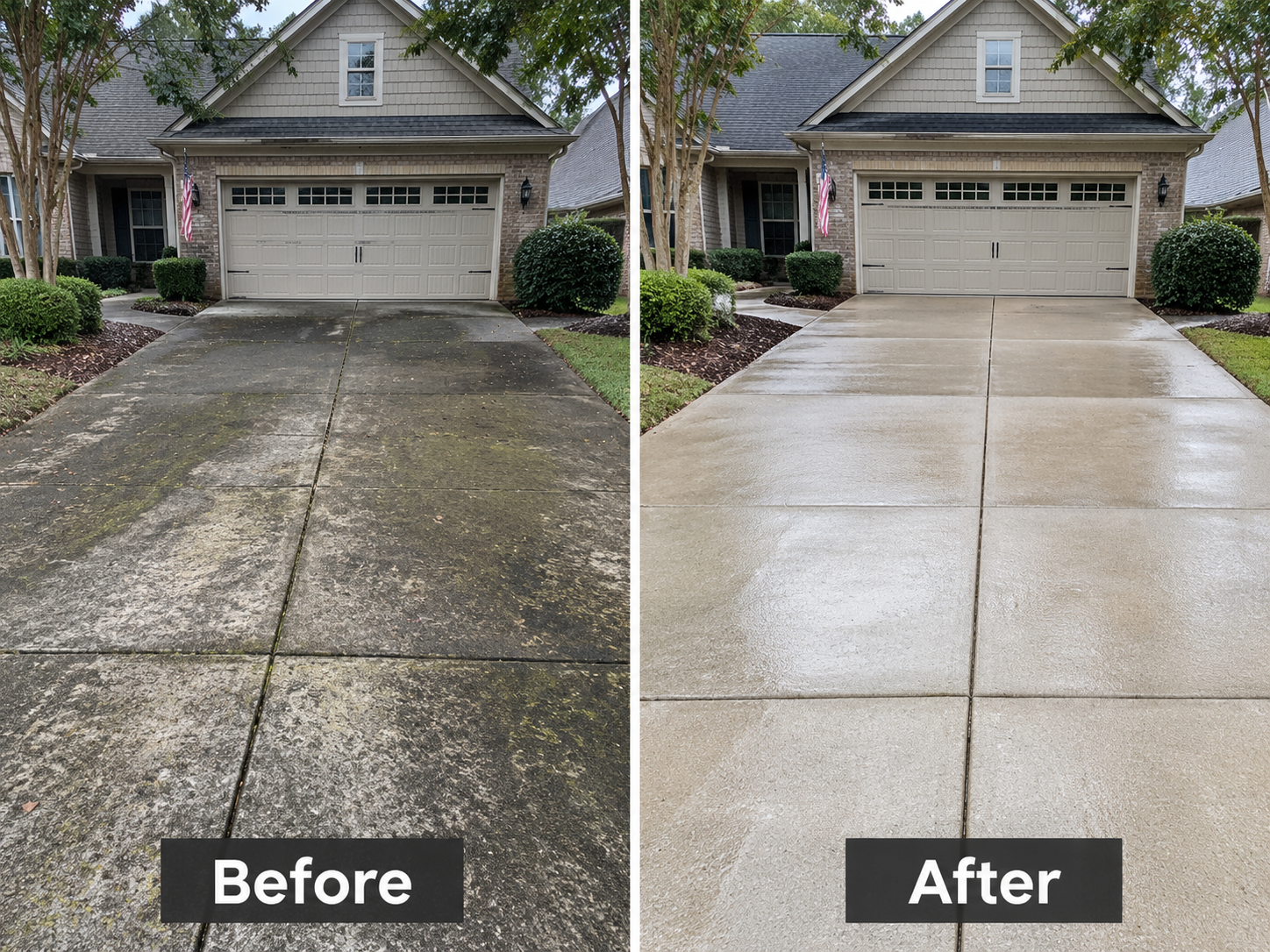 Driveway before and after pressure washing at a brick home.