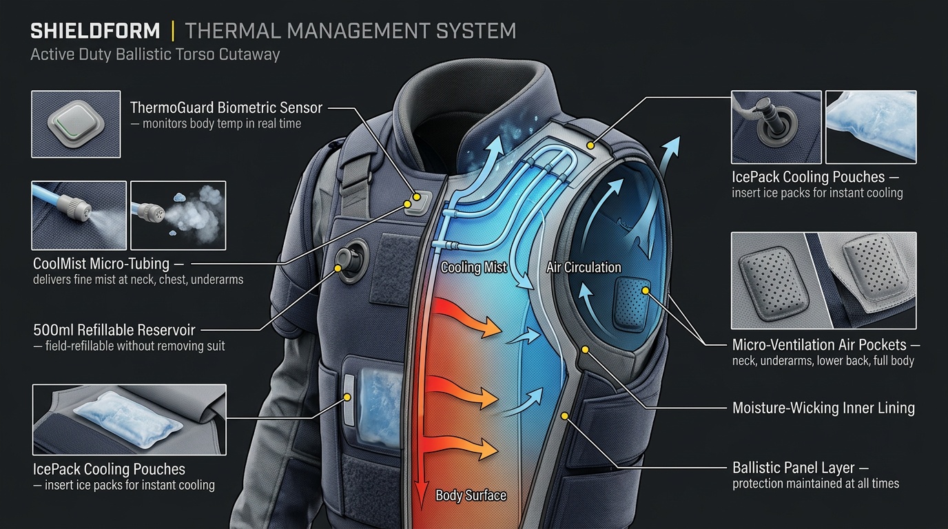 ThermoGuard cooling system diagram showing CoolMist micro-tubing, IcePack pouch locations, and biometric heat monitor integration