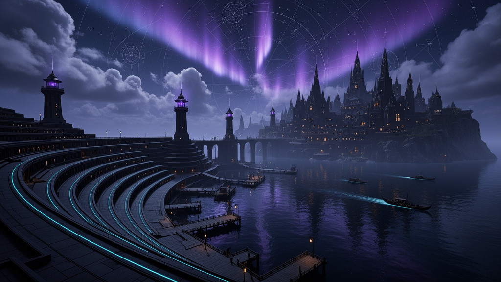 Moonlit Astral Harbor skyline with crescent wharves, lighthouse towers, aurora-lit clouds, and glowing water.