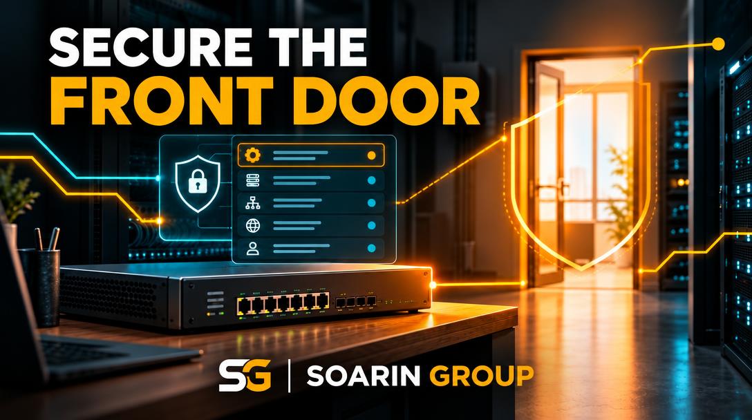 Firewall appliance in a server room with an illustrated management panel and an open doorway lit by warm sunlight.
