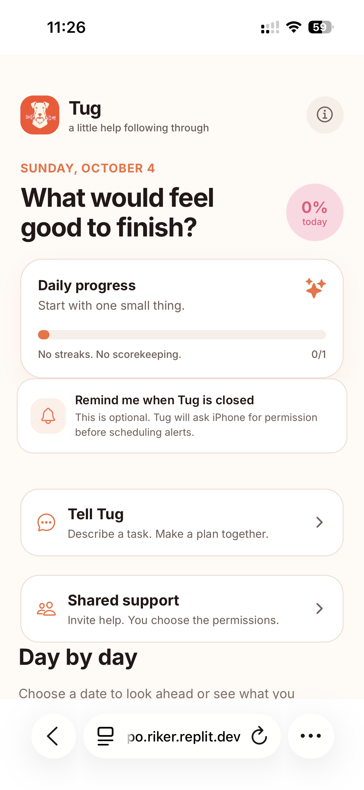 Tug app home screen showing daily progress and reminder options