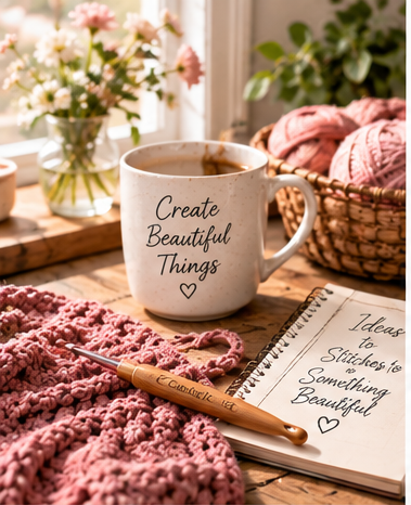 A crocheted project, yarn, and a cup reading Create Beautiful Things