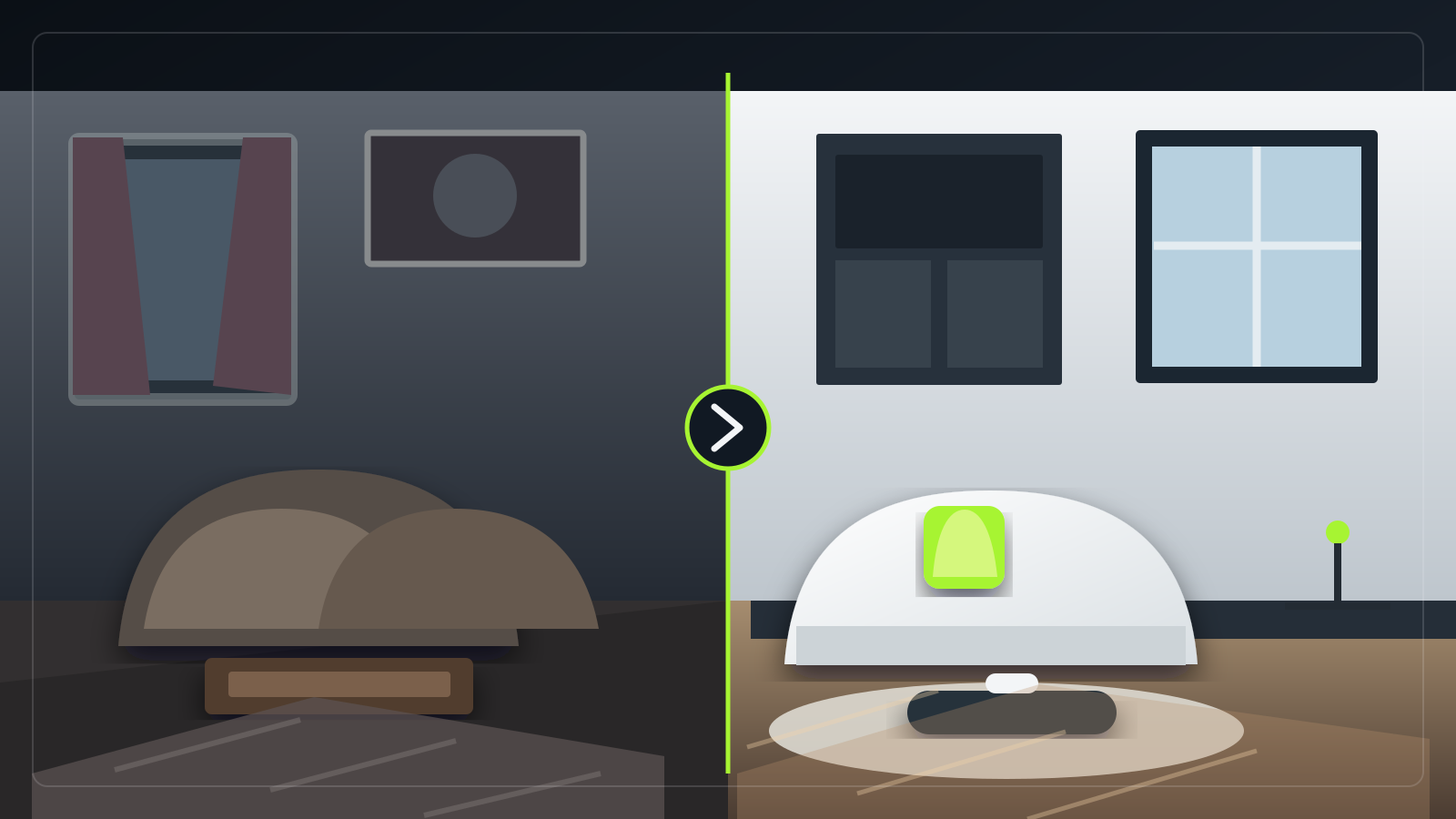 Illustrative before and after AI concept for a living room renovation