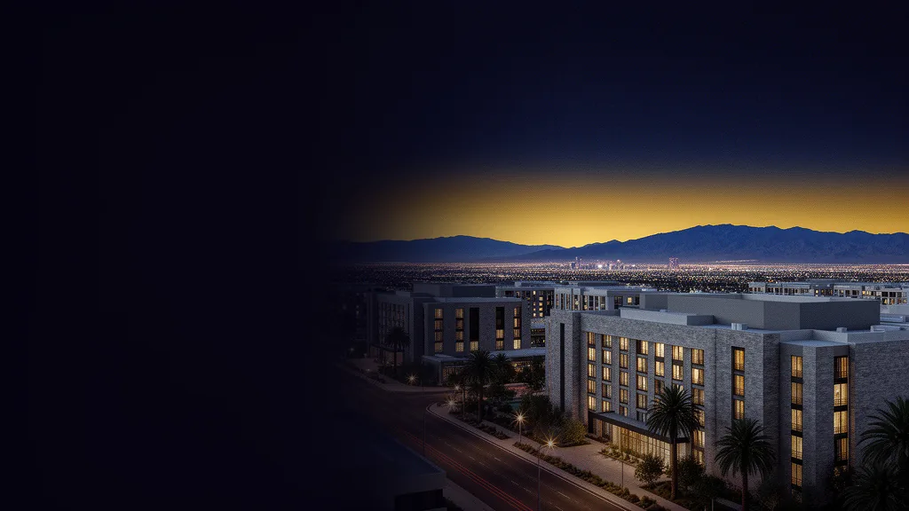Las Vegas resort district at dusk, viewed from above.