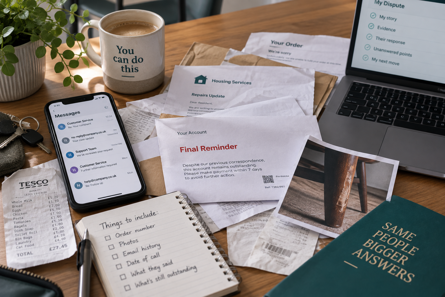 Dispute evidence, a written response and a laptop on a kitchen table