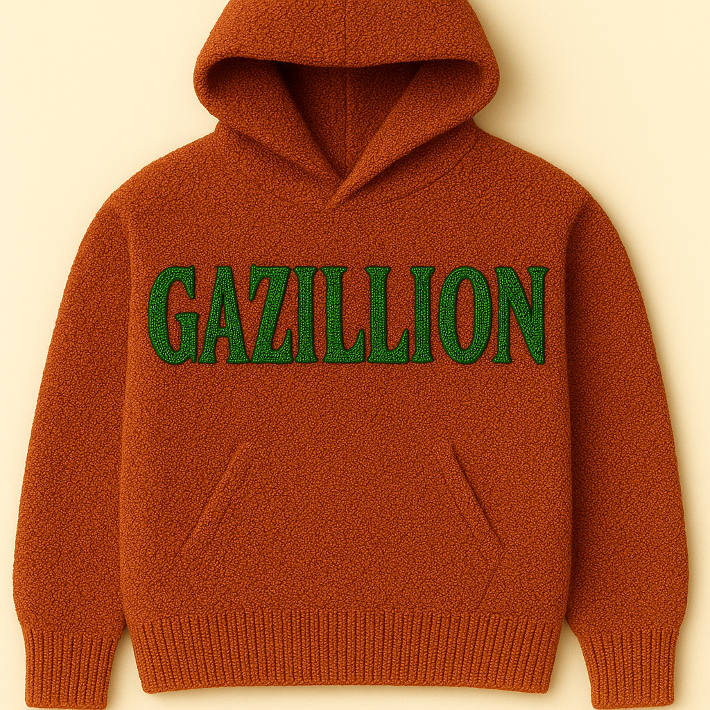 Front presentation of the orange Gazillion wearable work with hand-knit lettering.
