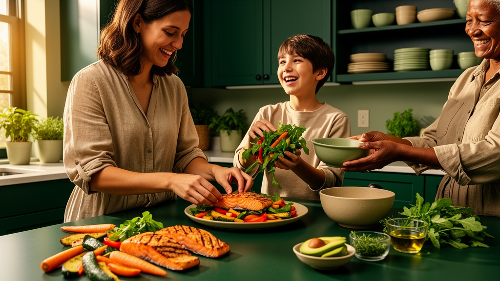 Family preparing a colorful whole-food dinner together