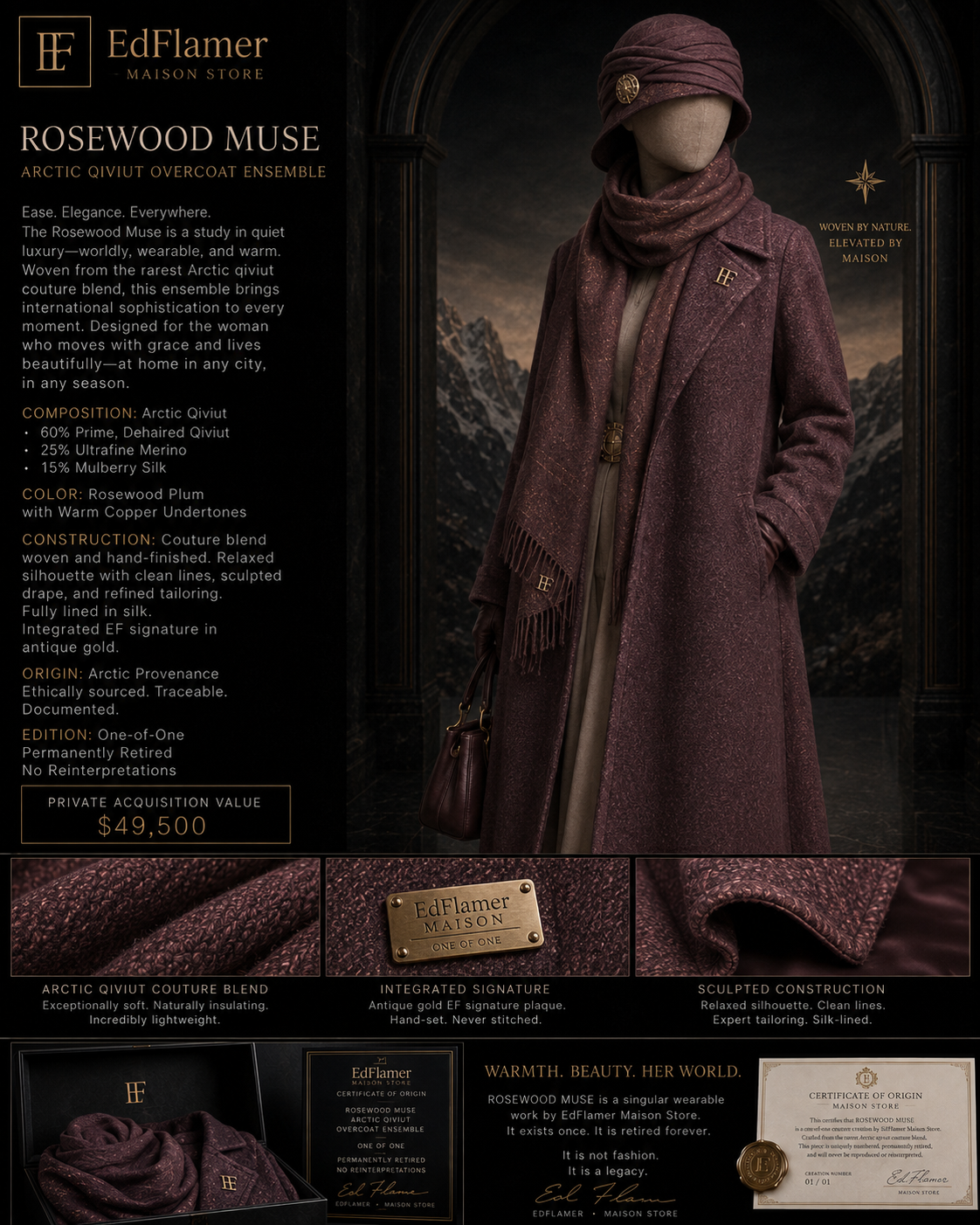 Rosewood Muse concept board showing a rosewood overcoat ensemble with hat, scarf, textile close-ups, and written material panel.