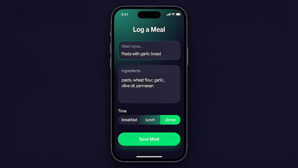 FoodTrigger AI meal log screen showing meal name, ingredients, meal timing, and a save button
