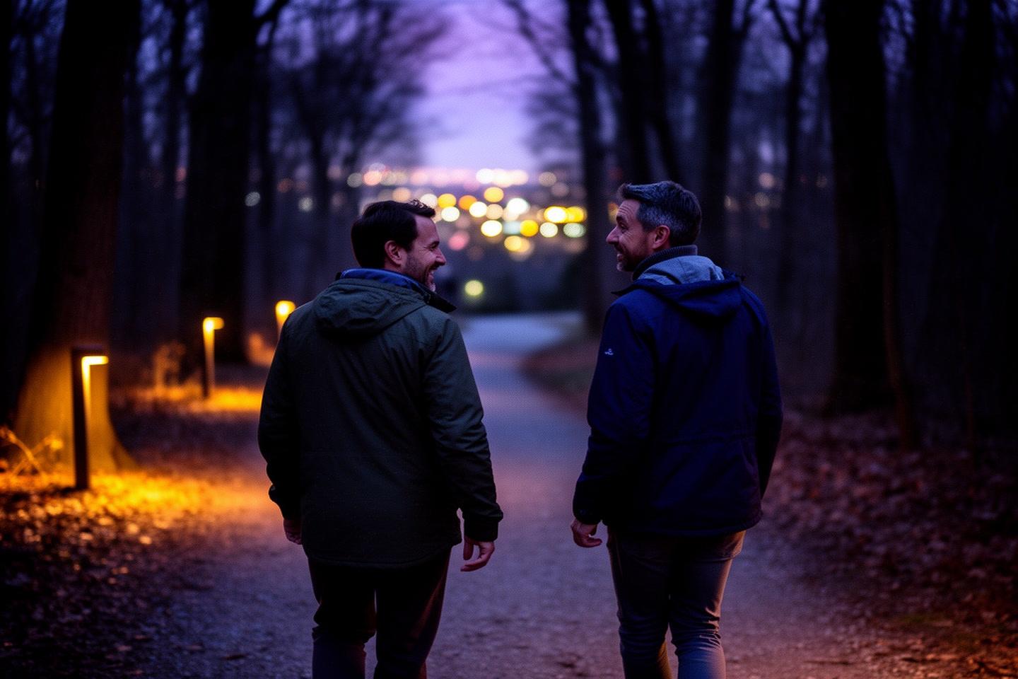 Two men talking while walking along a softly lit evening trail