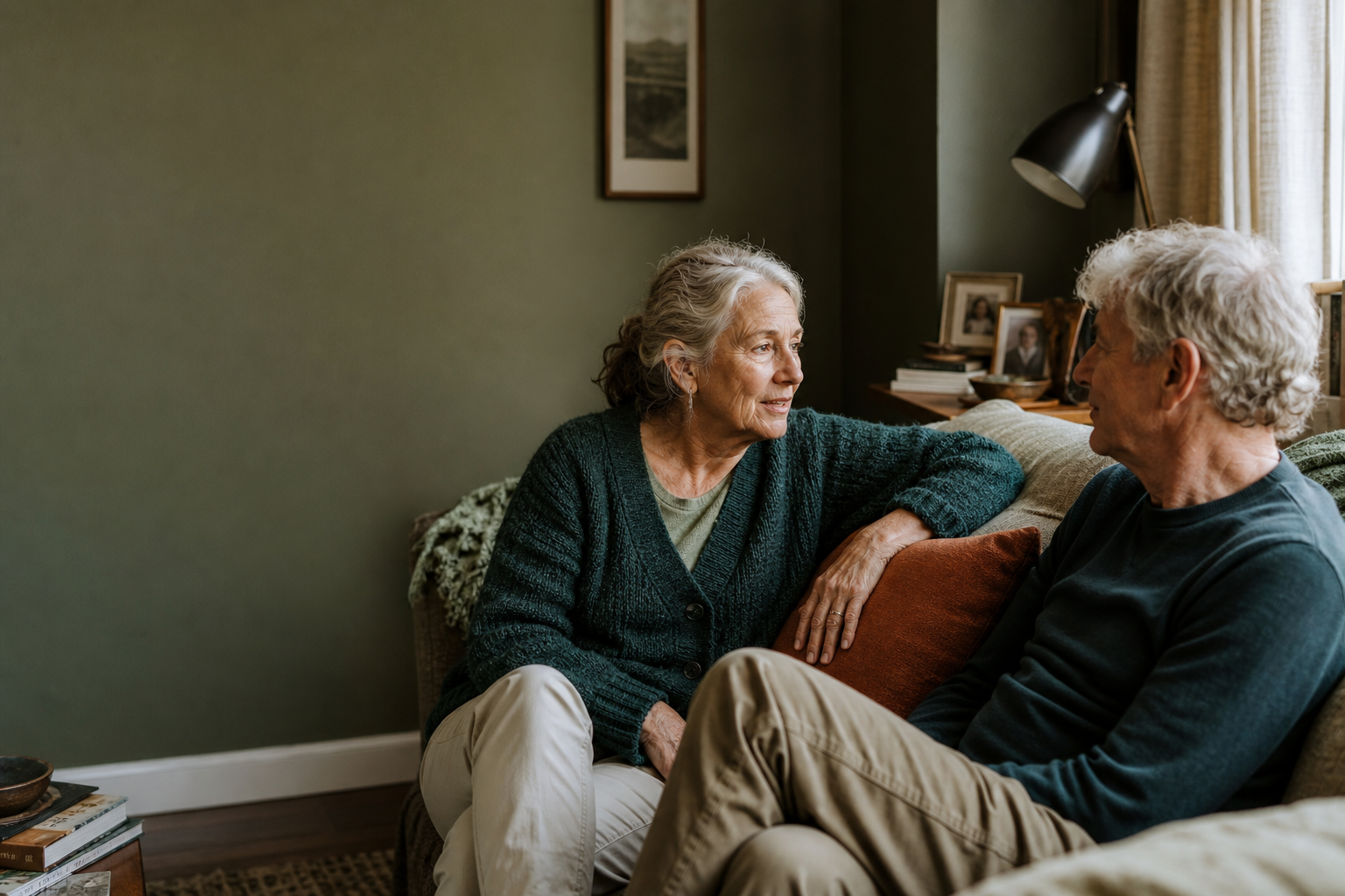 Illustration of two older relatives sharing a quiet conversation at home