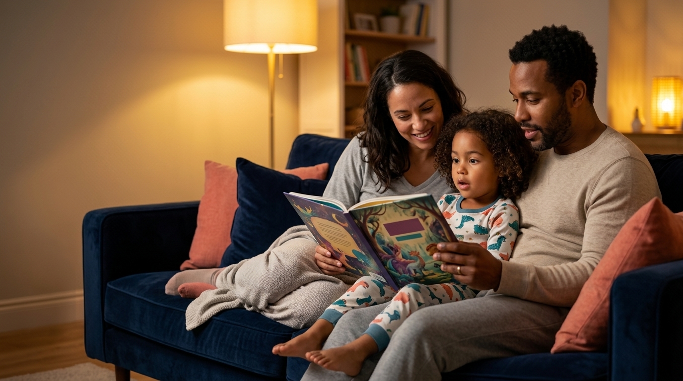 A family reading a colorful storybook together on the couch.