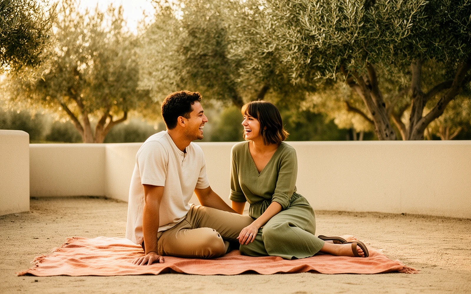 Couple laughing together outdoors on a sunlit date