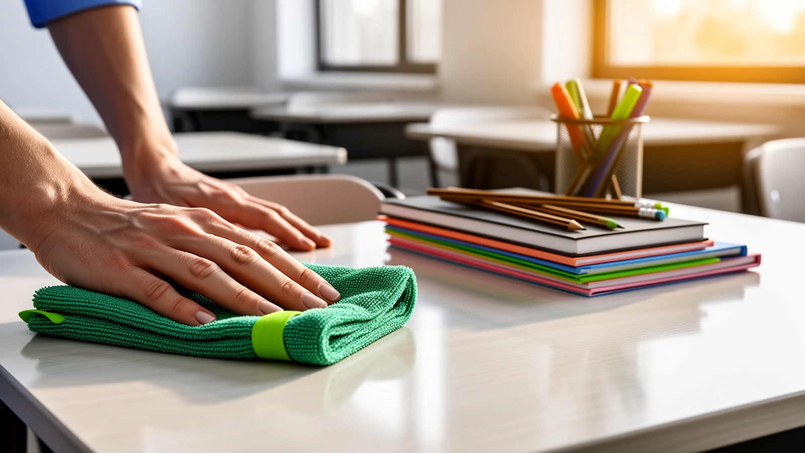 Pristine school desk with neatly arranged learning supplies